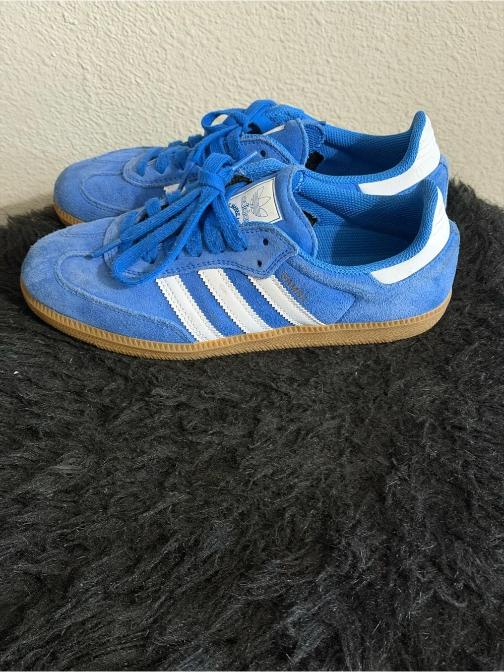 adidas Kids Blue Suede Sneakers with White Stripes